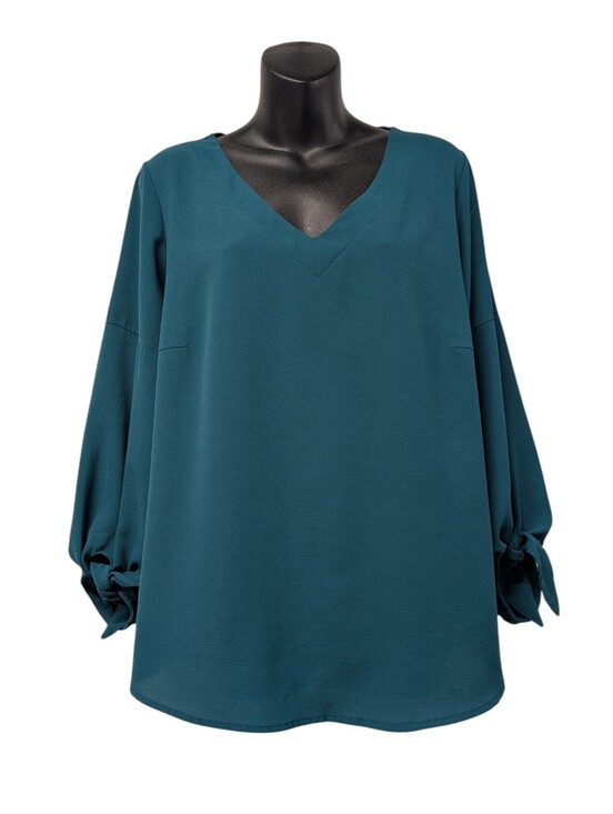 She+Sky Tops - She + Sky Teal V-Neck Tie Sleeve Blouse Women's Large Flowy Long Sleeve Top